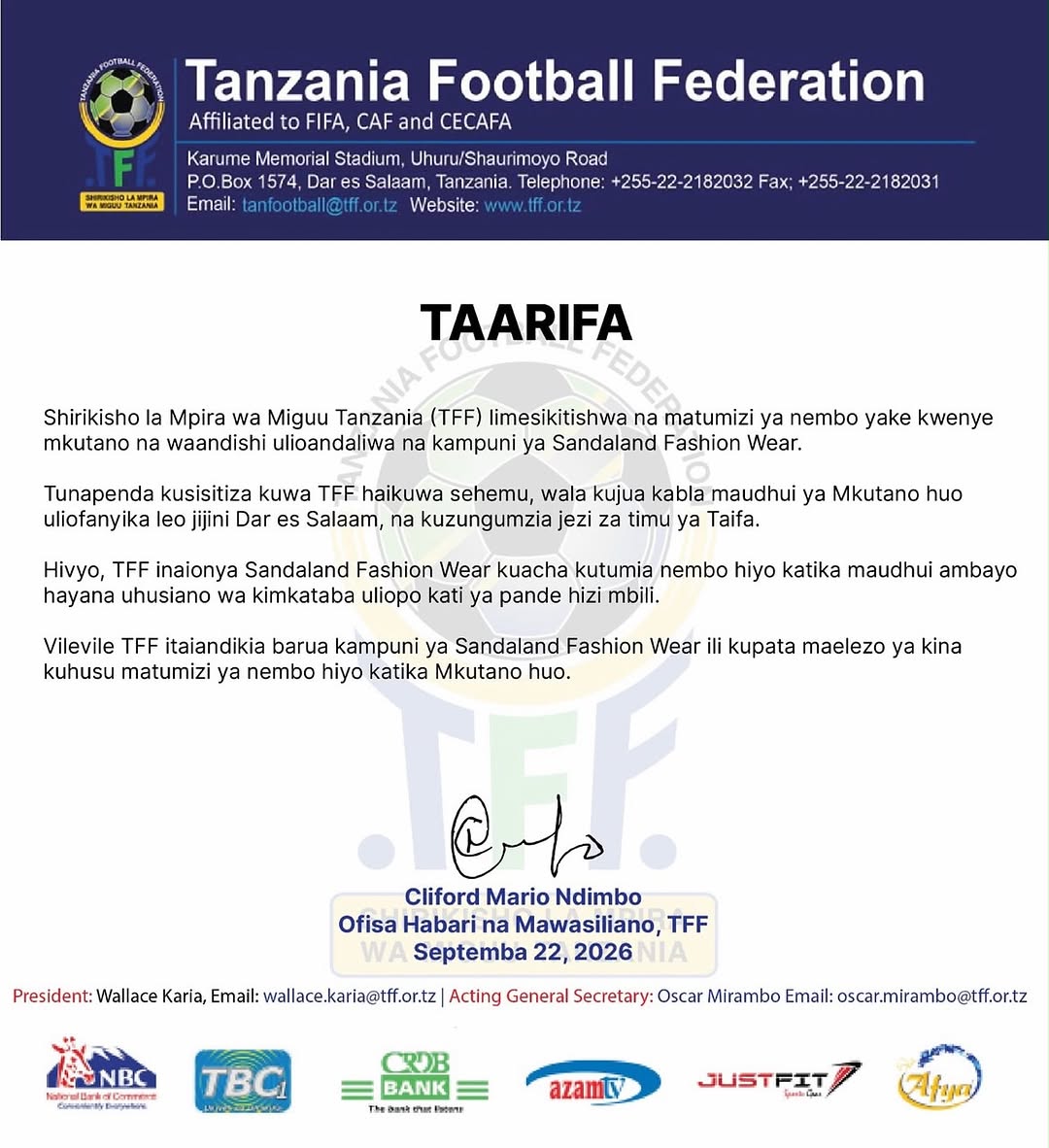 TFF concerned over use of its logo in Sandaland contract